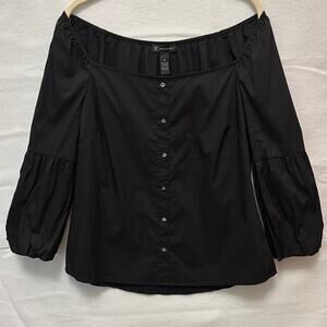 New women’s INC black off shoulder top pleated sleeves faux crystal buttons M